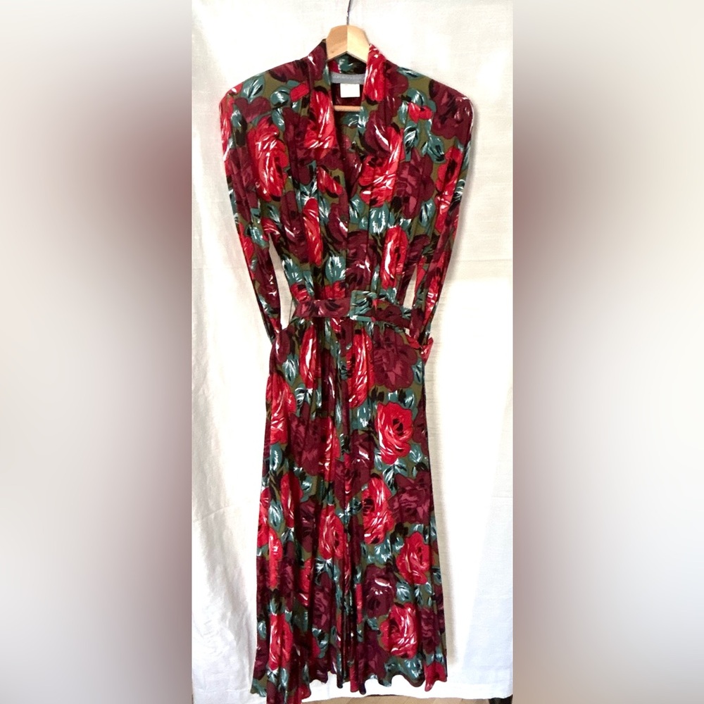 Vintage 1980's Carol‎ Anderson Collared Belted Colorful Floral Women's Dress
